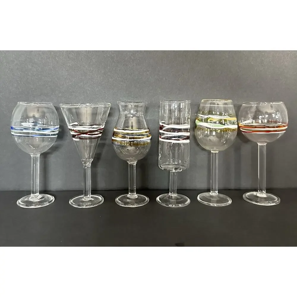 Vintage Hand Blown Multicolor Art Glass Cordial Glasses Set of 6 MCM Barware